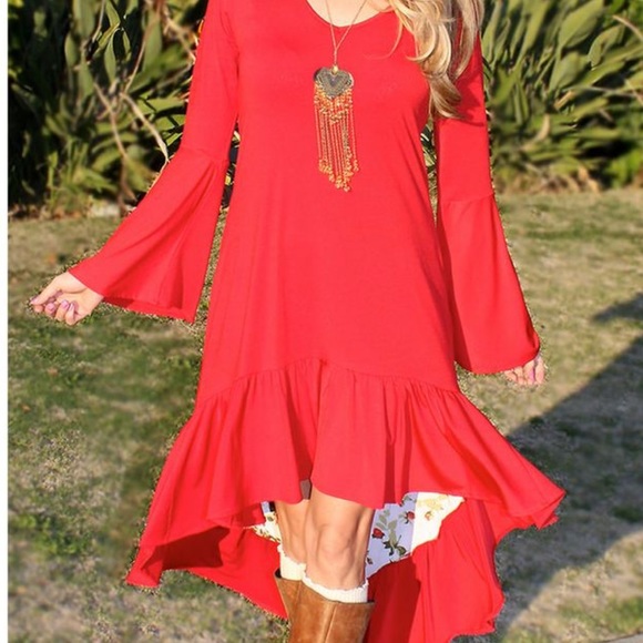 Rodeo Fox Red High & Low Bell Sleeve Tiered Dress XL - Picture 1 of 9